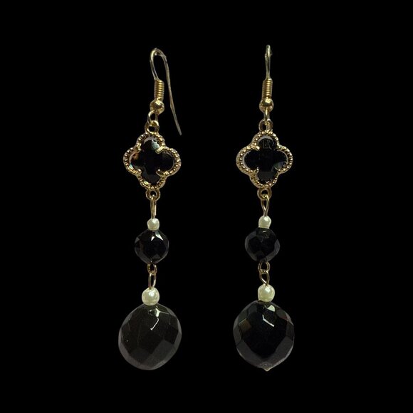 Earrings Black Obsidian Clover Dangle Jewelry Fashion Trending Gift Stainless - Picture 5 of 5